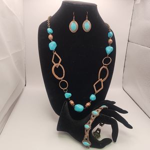3 Pc Set Hammered Copper Tone Faux Turquoise Beaded Necklace Bracelet Earrings